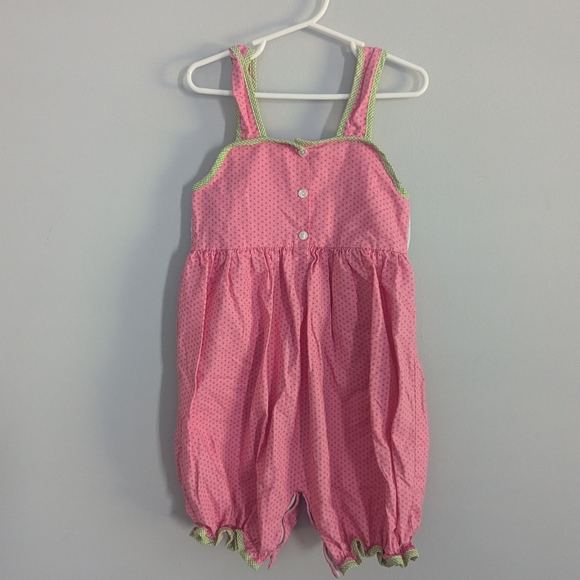 Girls Cukes Frog Polka Dot Jumpsuit 4T Pink Green Smocked - Picture 2 of 4